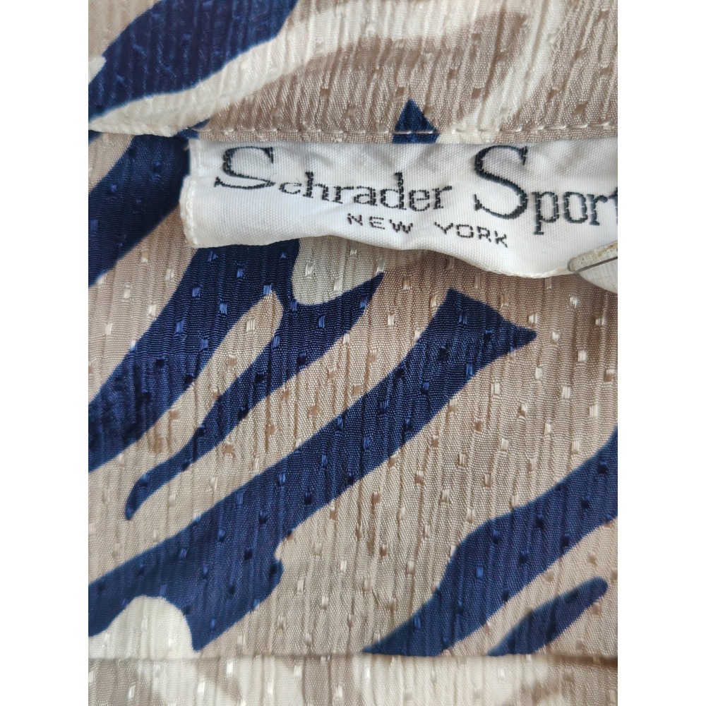 Vintage Schrader Sport Abstract Print Pleated Midi Dress Navy Tan Size 12 80s - Picture 4 of 5